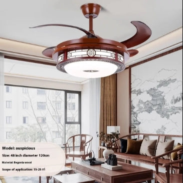 Modern Chinese Style Solid Wood LED Ceiling Fan Lights New Invisible Design for Dining Living Room with Remote Control Switch