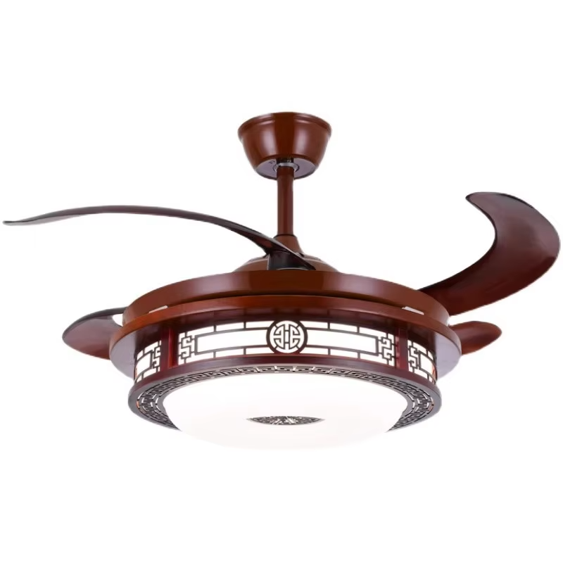 Modern Chinese Style Solid Wood LED Ceiling Fan Lights New Invisible Design for Dining Living Room with Remote Control Switch