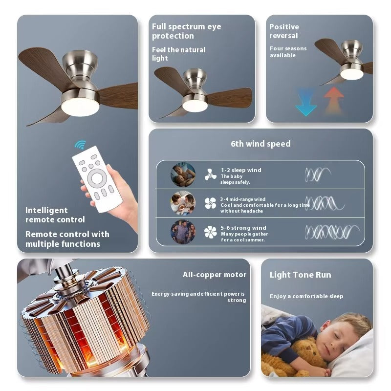Top-Sucking LED Light Source Ceiling Fan Remote Control Middle Ancient Style 3 Blades for Bedroom Dining Room Simple Electric