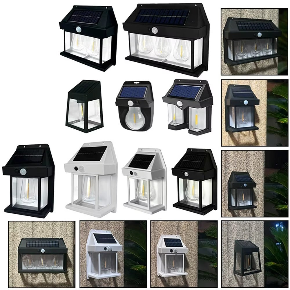 Outdoor LED Solar Wall Light Waterproof Night Light Human Body Induction Three Mode Tungsten for Garden Yard Patio Fence Decor