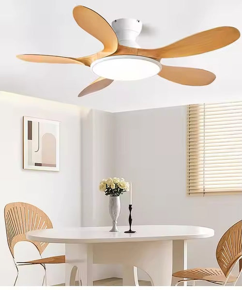 Classic 42'' Wood Color Flush Mount Ceiling Fan with 5 Blades Light 20cm Tall Hugger Pattern Remote Control Metal Lamp Body