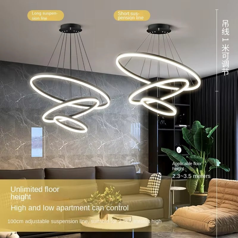 Modern Luxury LED Pendant Light Black Decorative Hanging Chandelier with Circle Ring Ceiling for Living Room or Restaurant