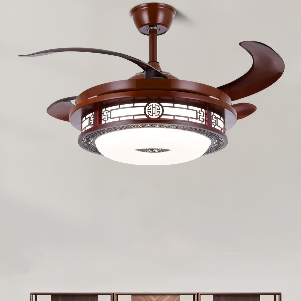 Modern Chinese Style Solid Wood LED Ceiling Fan Lights New Invisible Design for Dining Living Room with Remote Control Switch