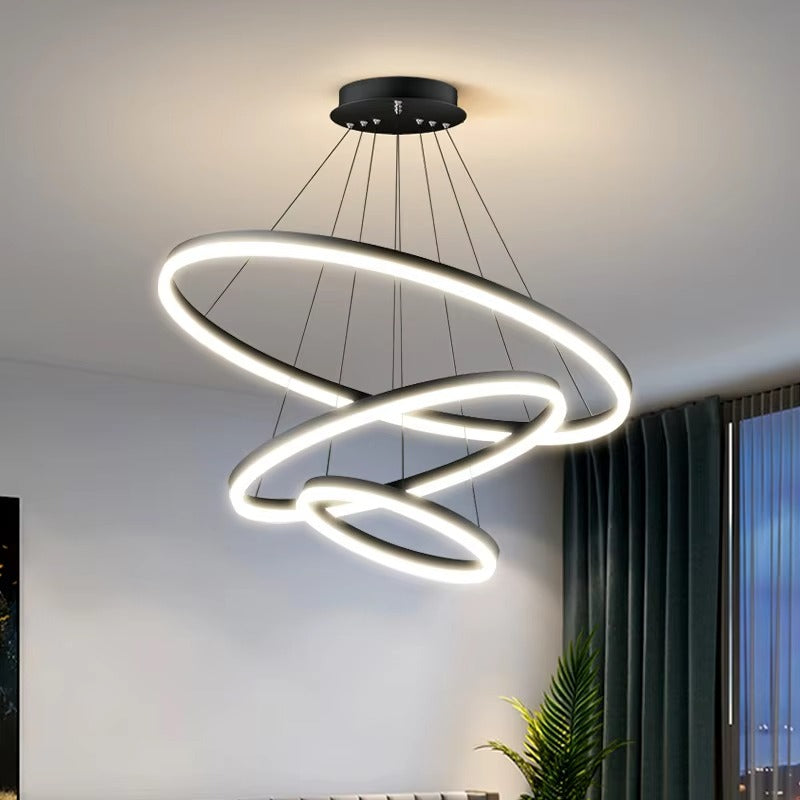 Modern Luxury LED Pendant Light Black Decorative Hanging Chandelier with Circle Ring Ceiling for Living Room or Restaurant