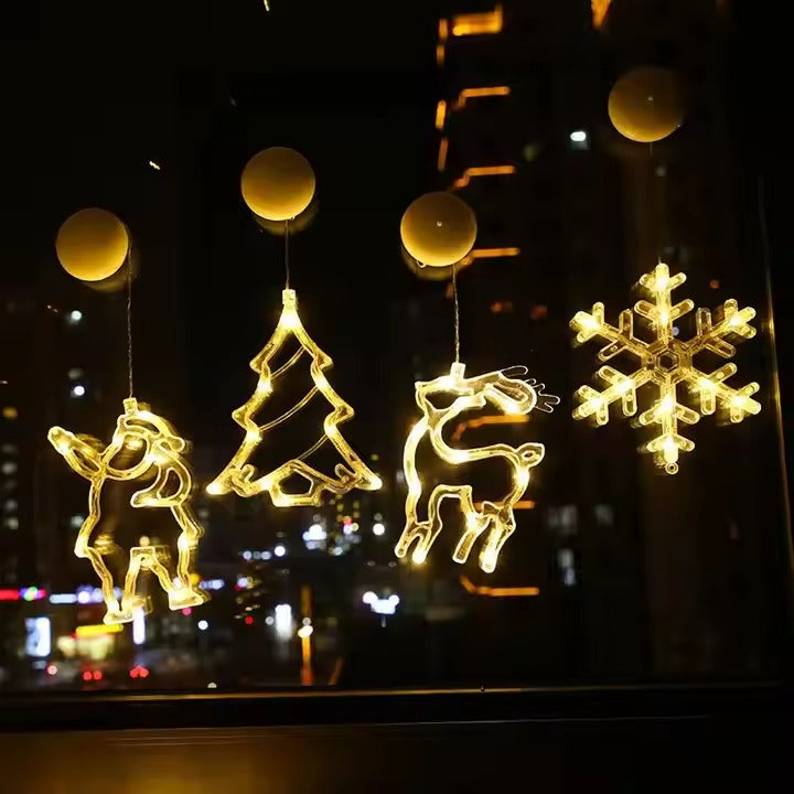LED Christmas Window Lights Decoration Bell Christmas Tree Reindeer Battery Operated with Suction Cup for Christmas Window Glass
