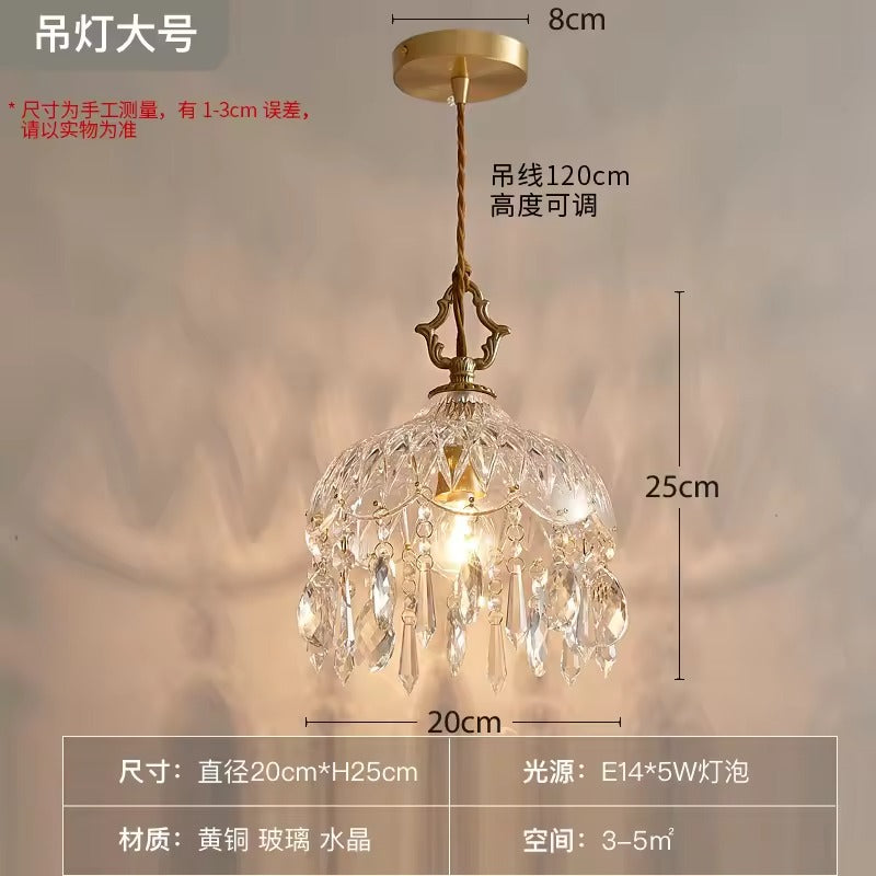 Small Retro Brass Pendant Light Crystal Glass for Entrance Hallway Balcony Headboard Foyer Bar Counter Atmosphere Enhancement