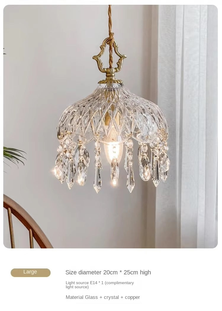 Small Retro Brass Pendant Light Crystal Glass for Entrance Hallway Balcony Headboard Foyer Bar Counter Atmosphere Enhancement