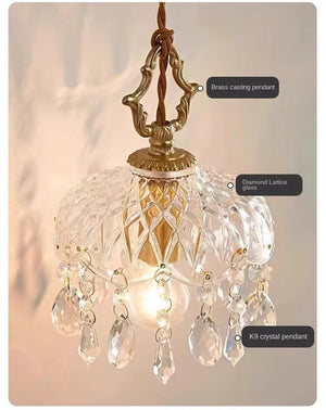 Small Retro Brass Pendant Light Crystal Glass for Entrance Hallway Balcony Headboard Foyer Bar Counter Atmosphere Enhancement