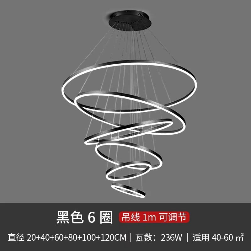 Modern Luxury LED Pendant Light Black Decorative Hanging Chandelier with Circle Ring Ceiling for Living Room or Restaurant